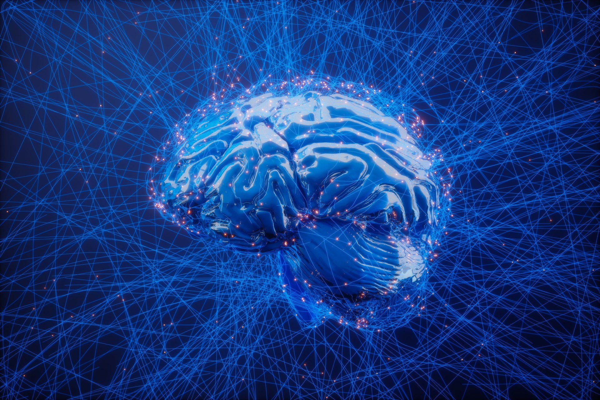 Digital Brain And Artificial Intelligence Concept With Blue Plexus Lines